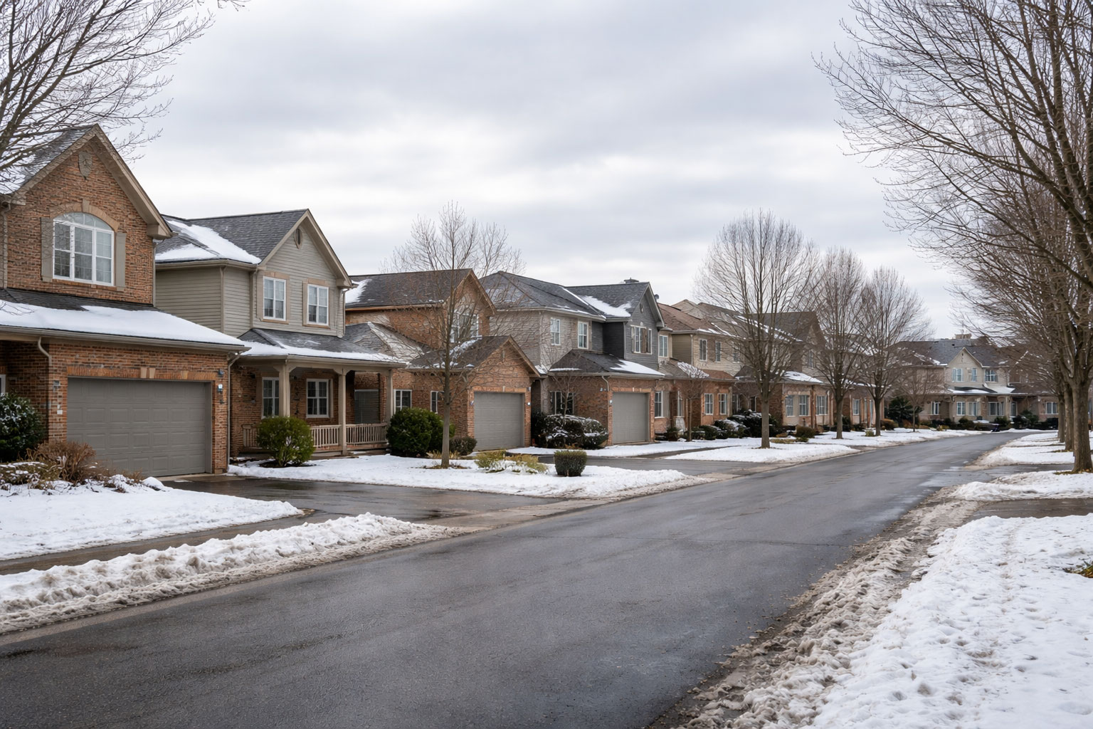 Quiet suburban residential street with detached homes and townhouses in Waterloo Region during winter with light snow