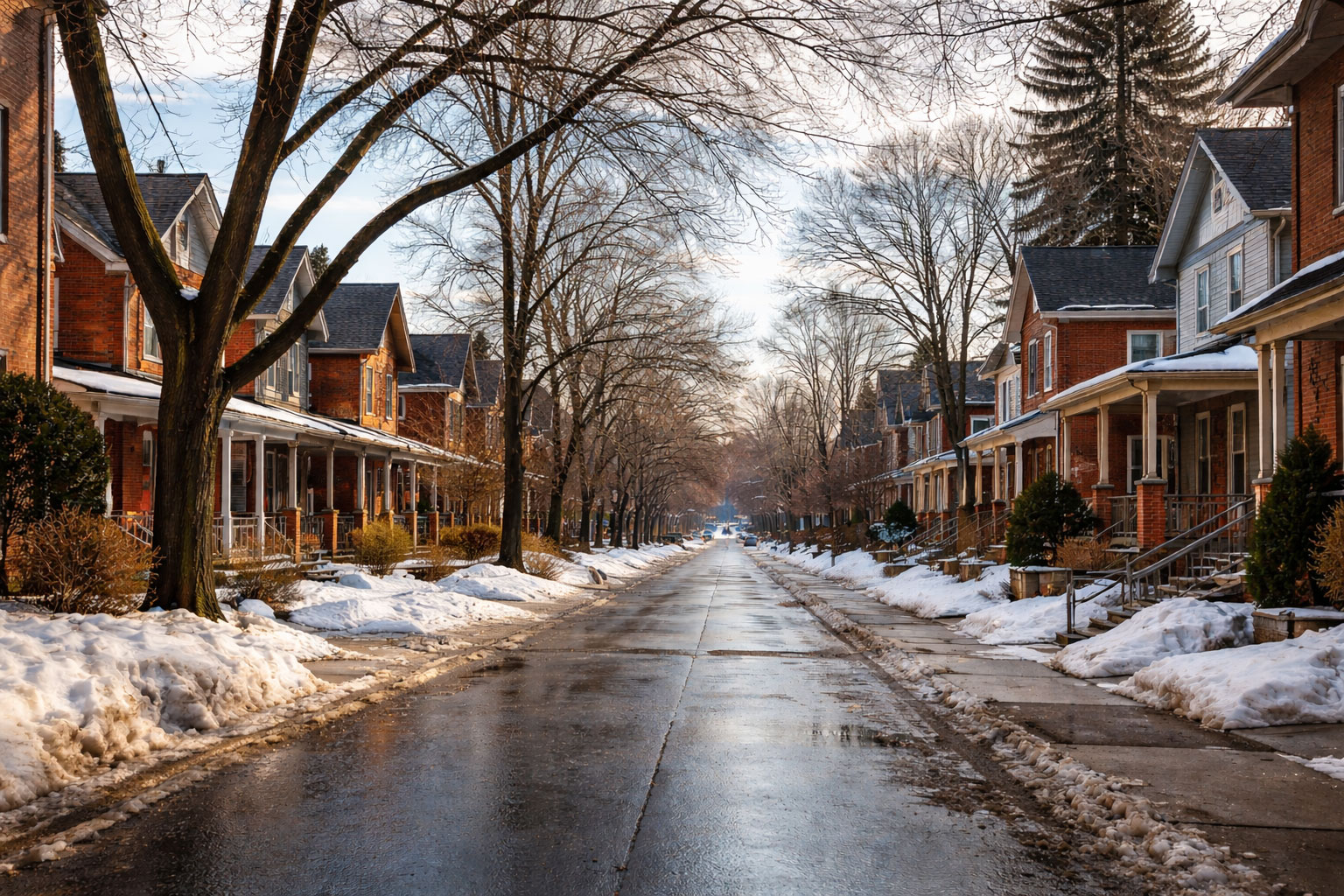 Residential street in Waterloo Ontario during late winter with brick homes and snow along sidewalks