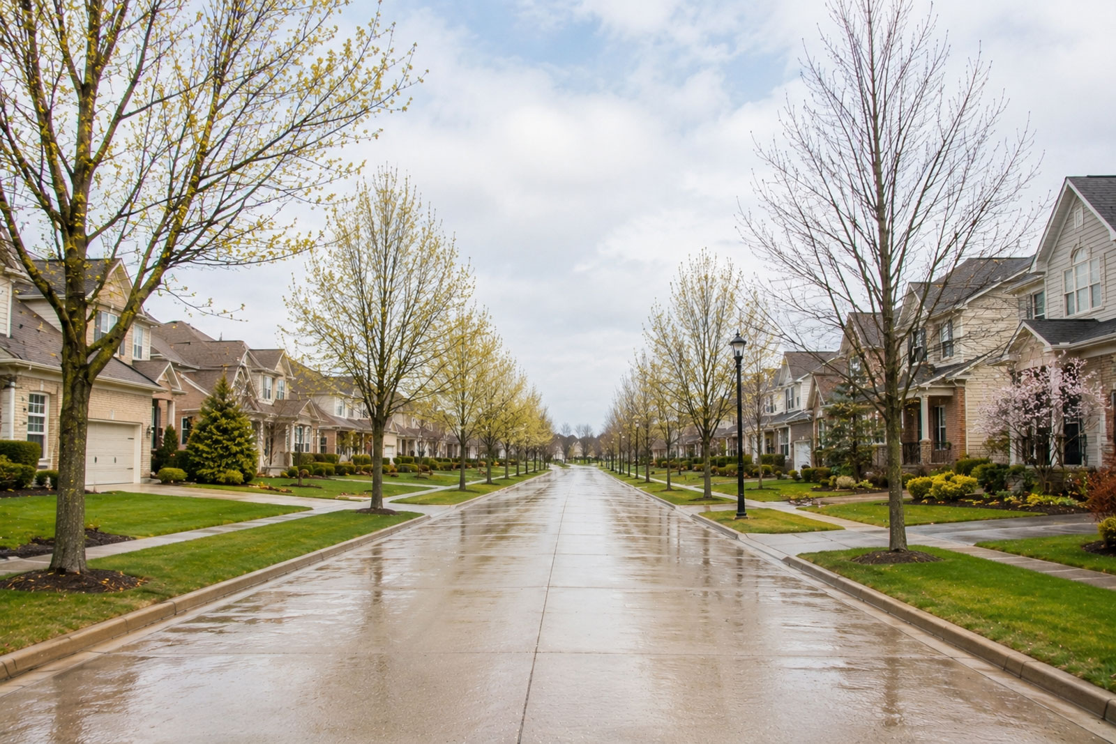 Suburban neighbourhood street in Waterloo Region Ontario during an overcast April day